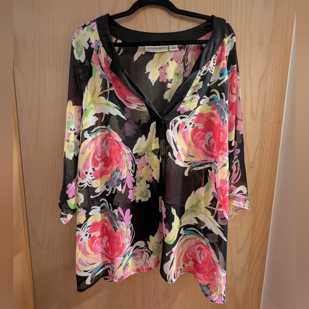 Sag Harbor Sheer Black Floral V-Neck Women's Top